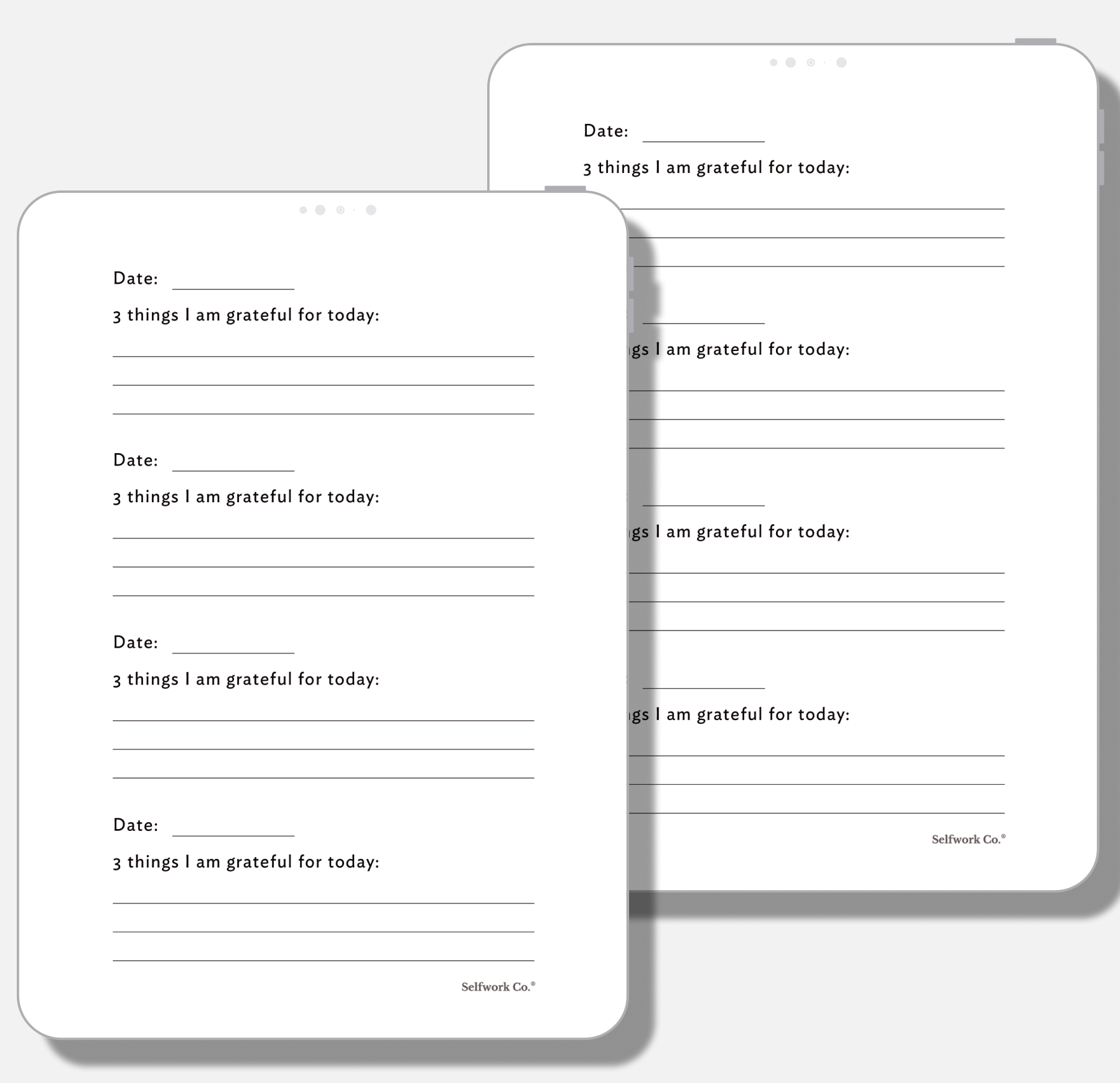 SelfWork Co. Gratitude Journal digital format showing multiple daily gratitude entry pages on two open tablet screens