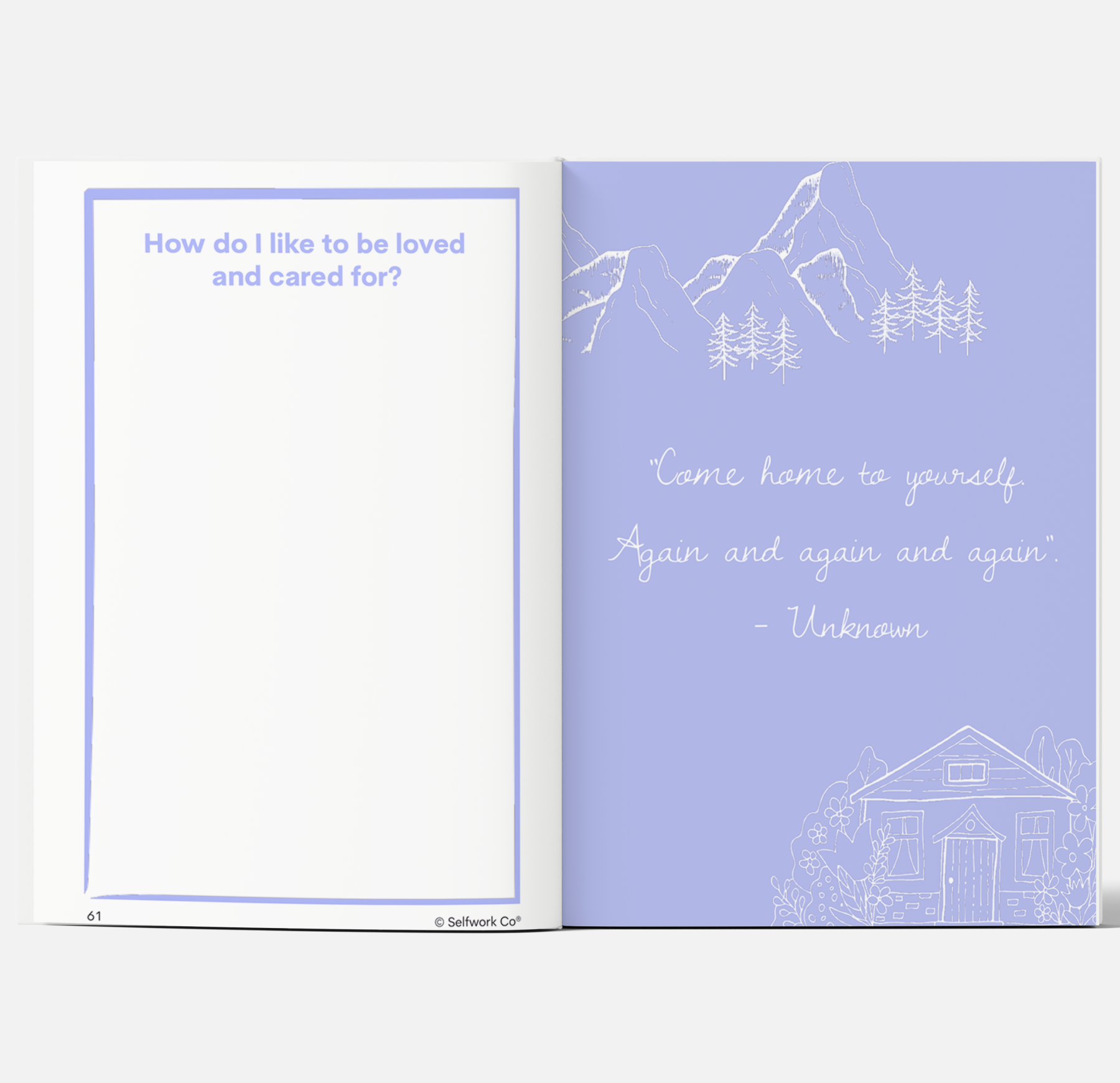 Within Journal spread featuring “How do I like to be loved?” prompt and an illustrated quote on returning to self