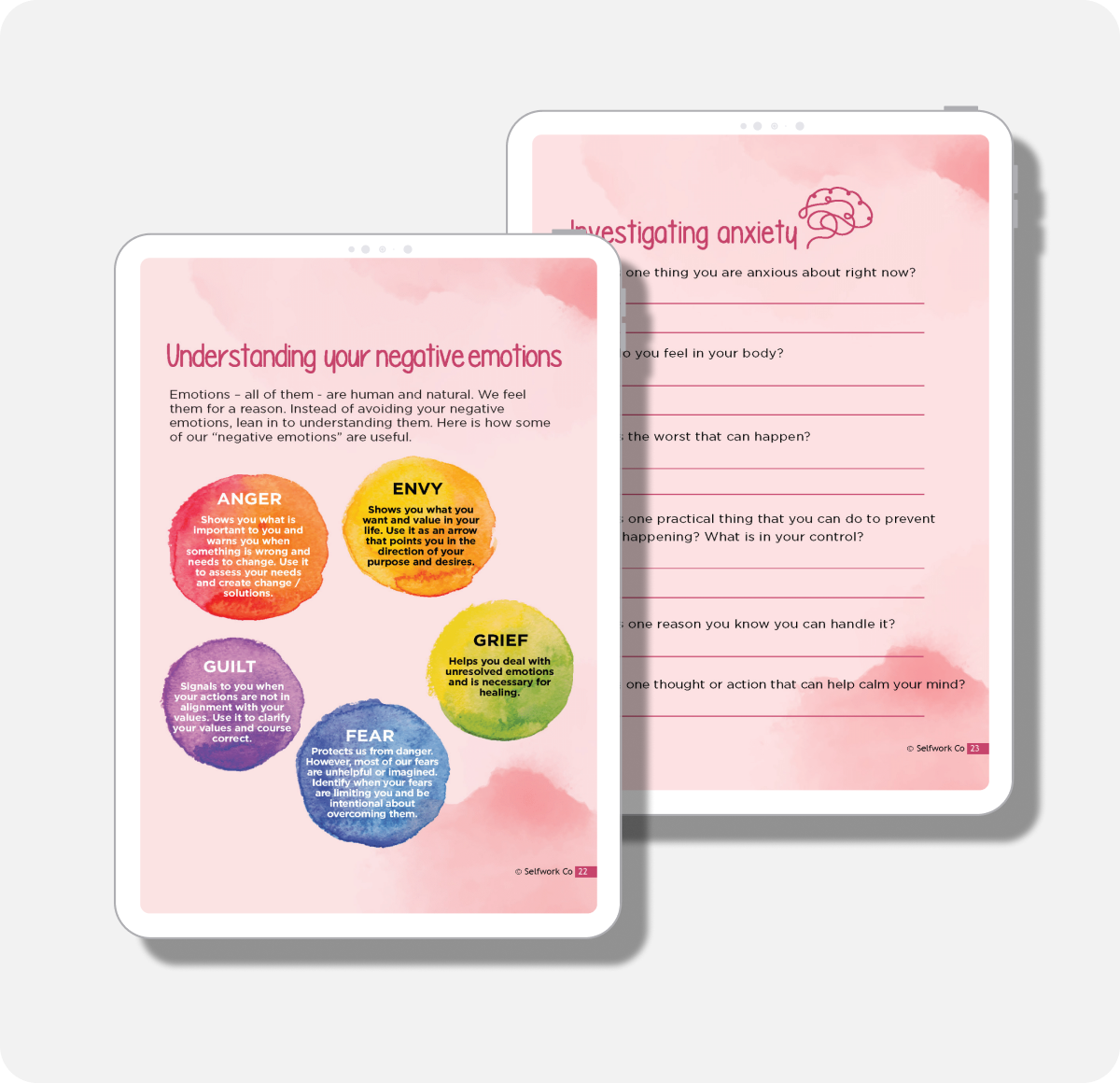 Workbook pages exploring negative emotions and reflective questions to ease anxiety and boost awareness.

