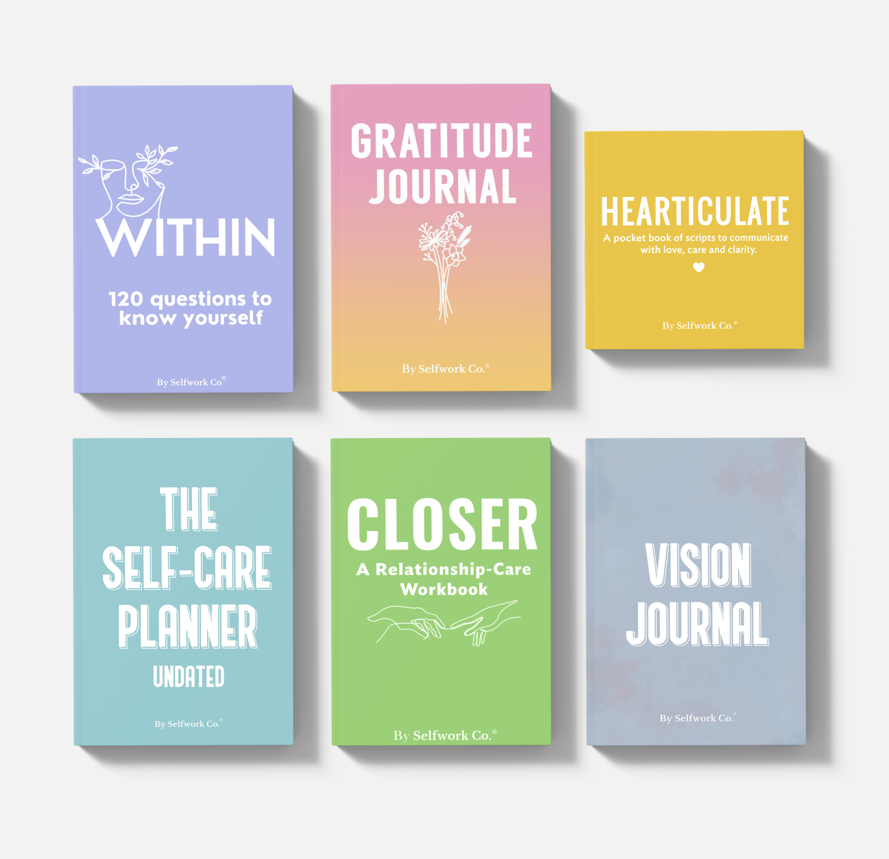 Full Essential Collection of six Selfwork Co. books featuring Within, Gratitude Journal, Hearticulate, The Self-Care Planner, Closer, and Vision Journal.
