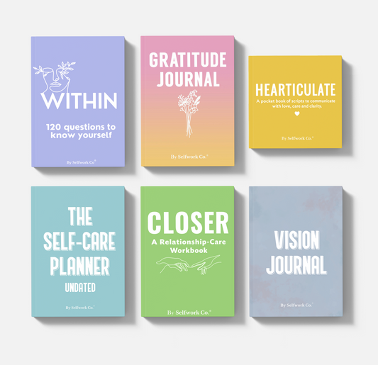 Full Essential Collection of six Selfwork Co. books featuring Within, Gratitude Journal, Hearticulate, The Self-Care Planner, Closer, and Vision Journal.
