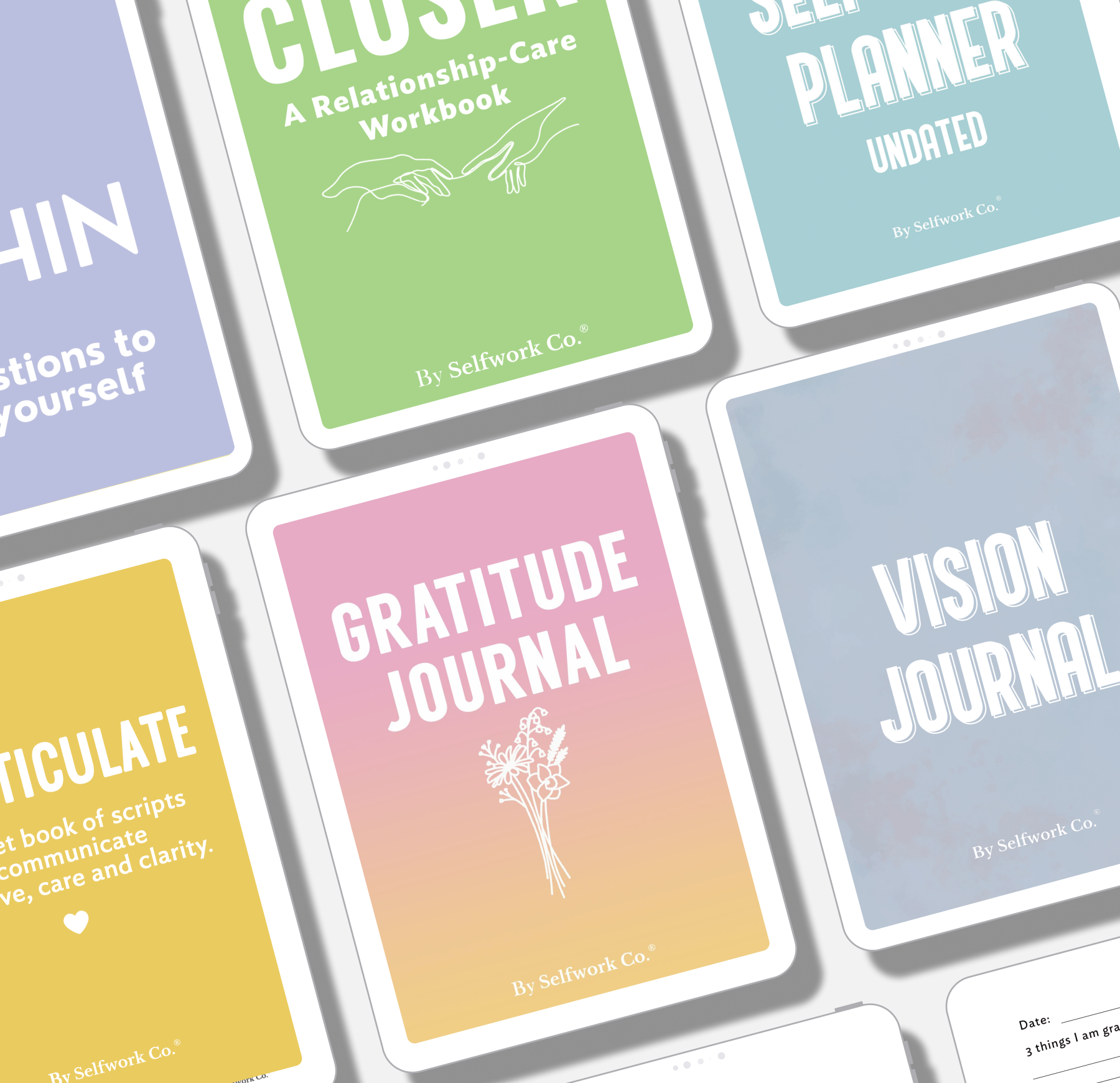 Zoomed-in view of Selfwork Co.'s Essential Collection displayed on tablets, featuring Gratitude, Vision, Closer, and other journals.
