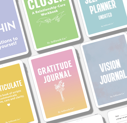 Zoomed-in view of Selfwork Co.'s Essential Collection displayed on tablets, featuring Gratitude, Vision, Closer, and other journals.