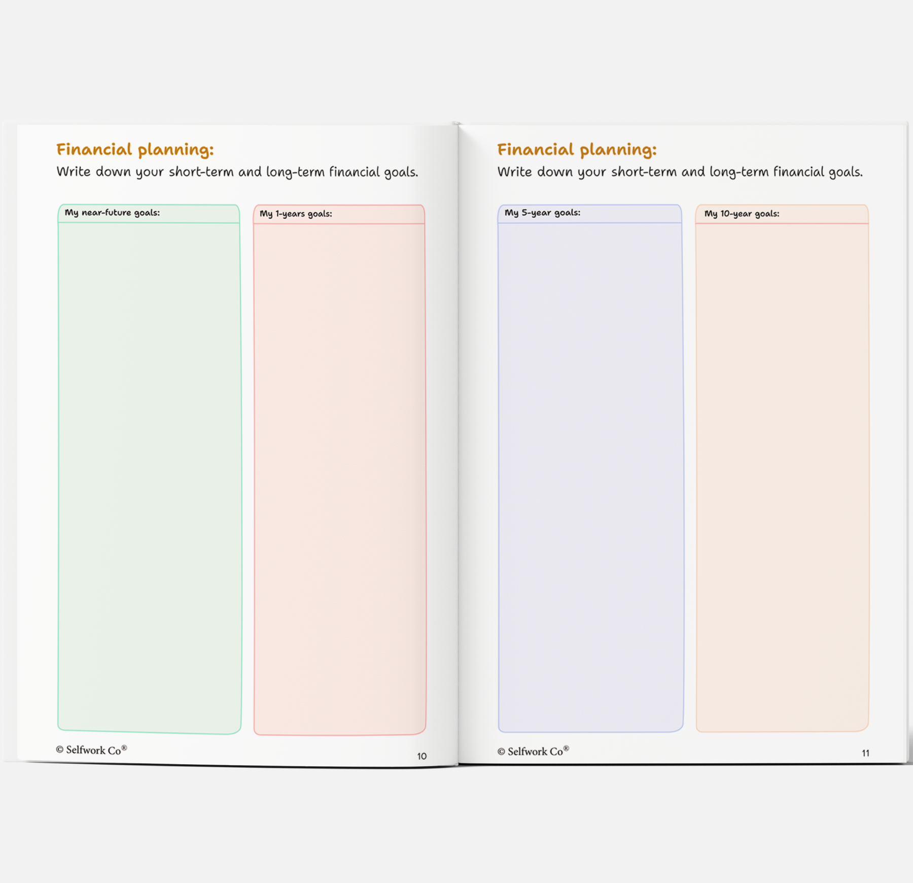 Financial planning pages in SelfWork Co. Vision Journal with sections for 1-year, 5-year, and 10-year goals
