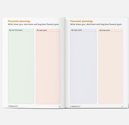 Financial planning pages in SelfWork Co. Vision Journal with sections for 1-year, 5-year, and 10-year goals