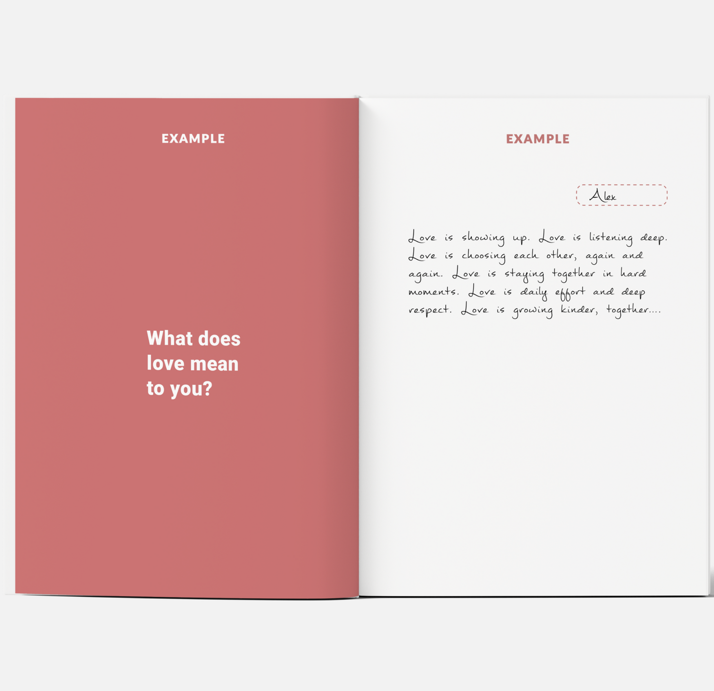 Open book with a red cover and white pages featuring text prompts.