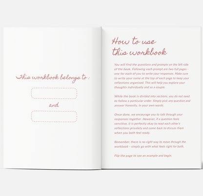 Open workbook with instructions on how to use it, featuring red text on a white background.