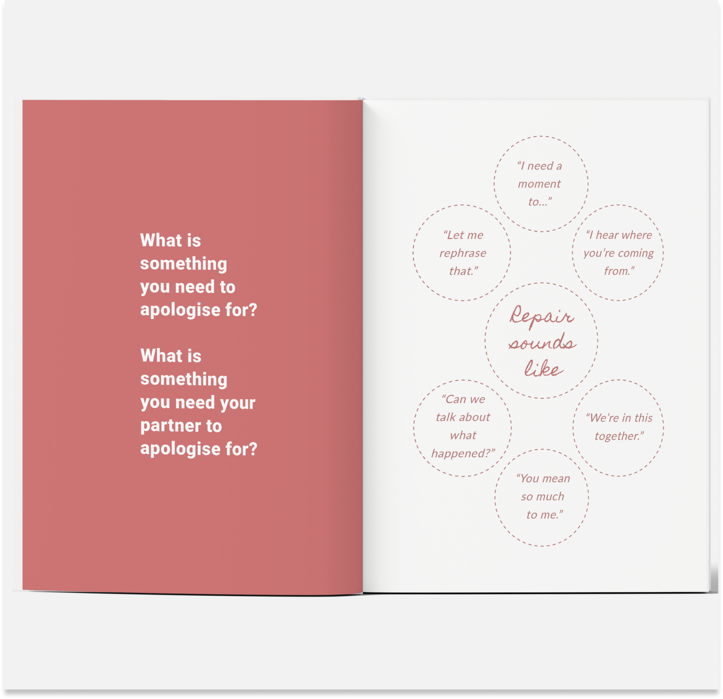 Open book with text prompts on a white background