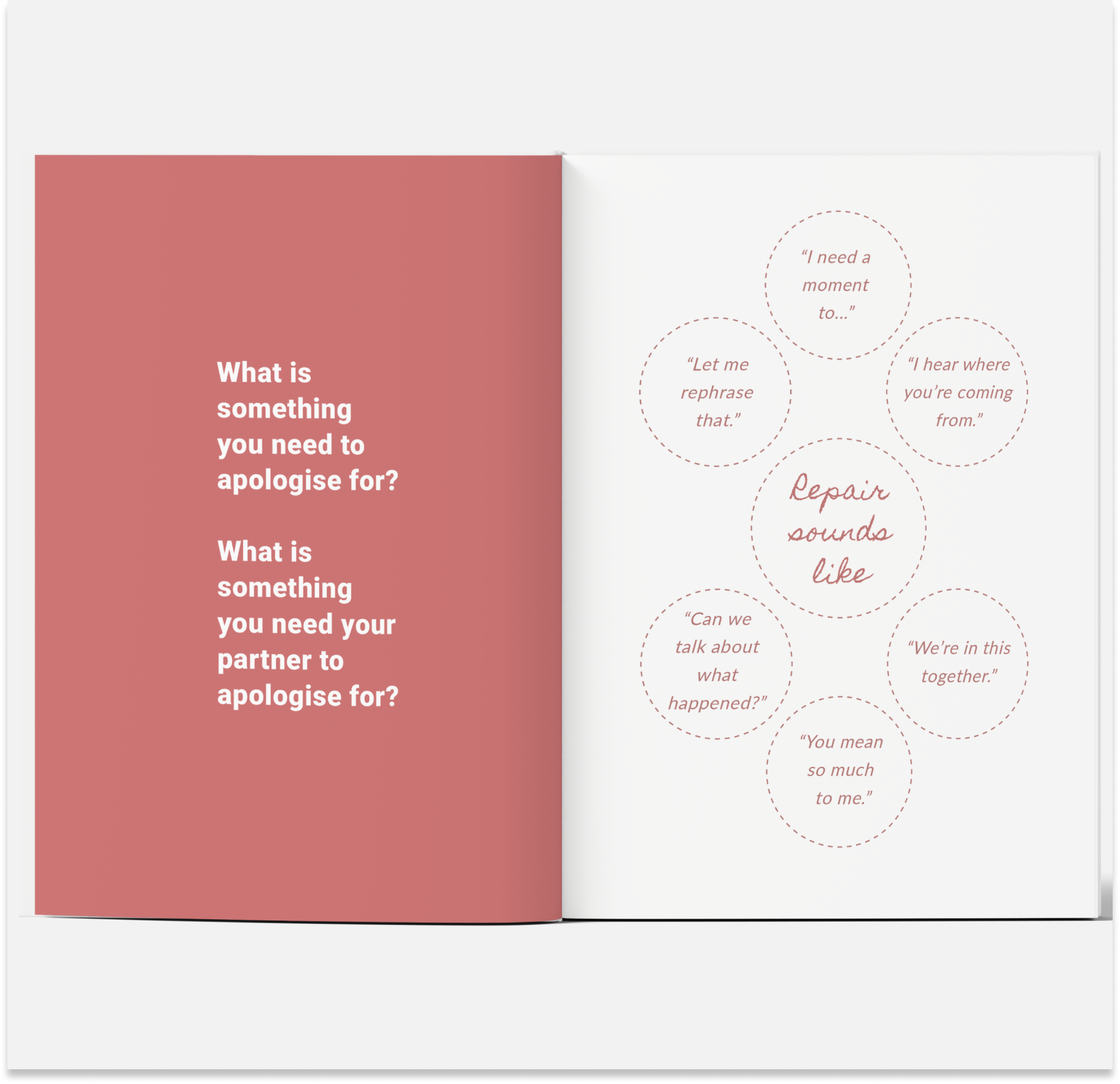 Open book with text prompts on a white background
