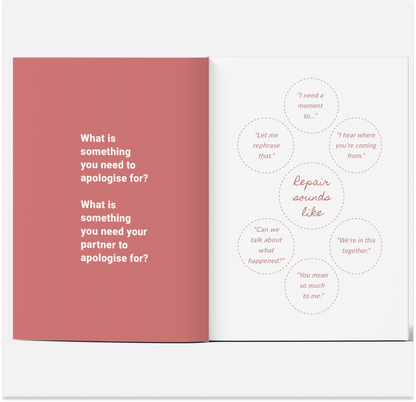 Open book with text prompts on a white background