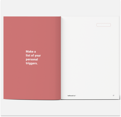 Notebook page with text 'Make a list of your personal triggers' on a red cover.