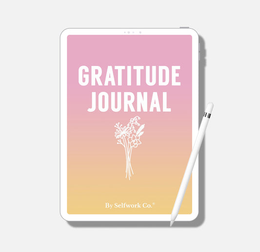 Digital cover of Gratitude Journal by SelfWork Co. shown on a tablet, designed for daily reflection and appreciation.