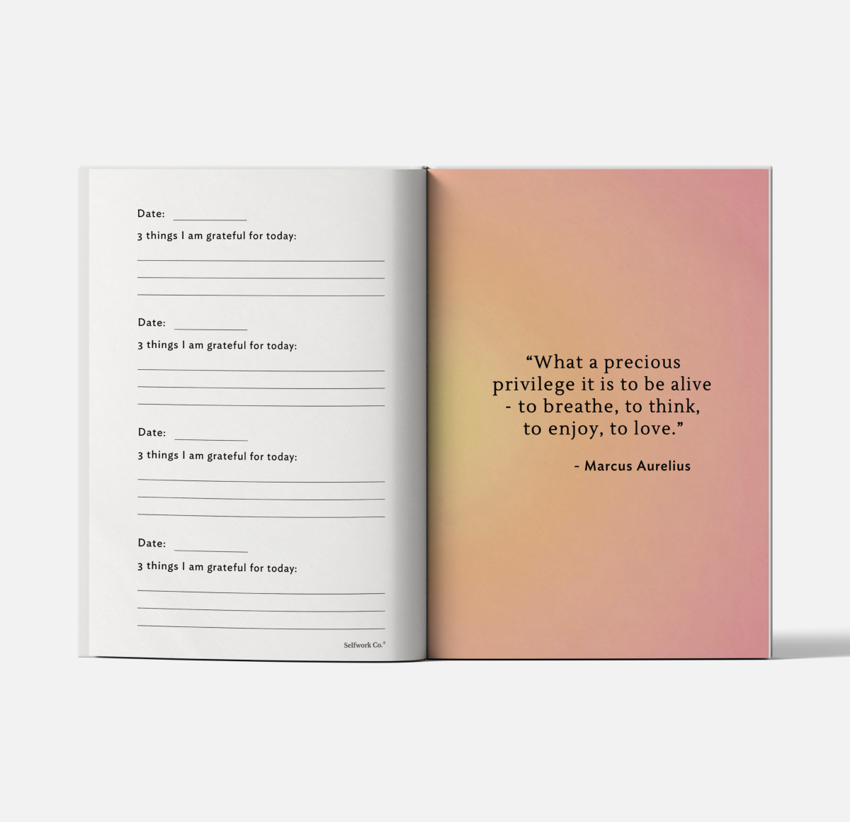 Gratitude Journal open pages showing gratitude prompts and space for personal reflection