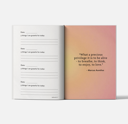 Gratitude Journal open pages showing gratitude prompts and space for personal reflection