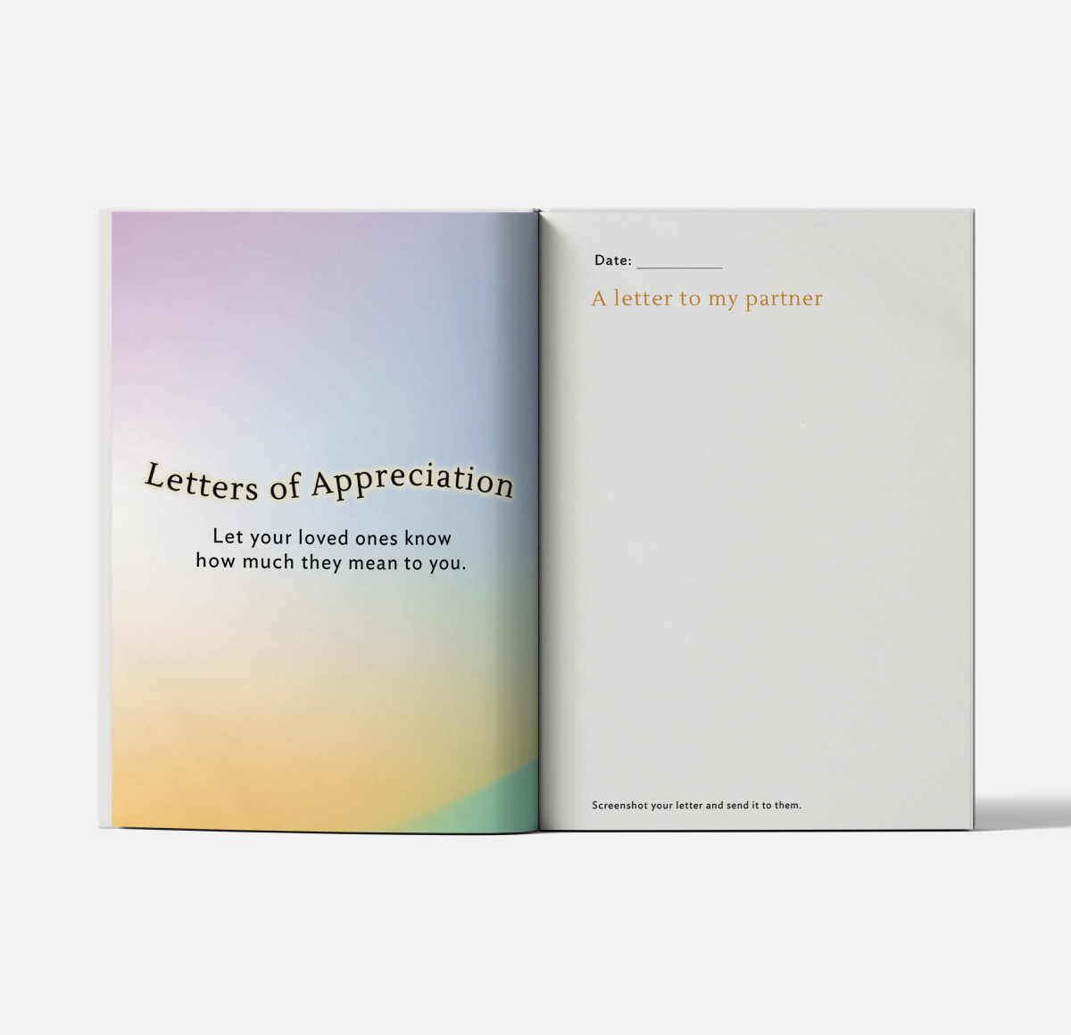 Physical Gratitude Journal spread with prompts to write appreciation letters and a message to your partner