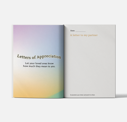 Physical Gratitude Journal spread with prompts to write appreciation letters and a message to your partner