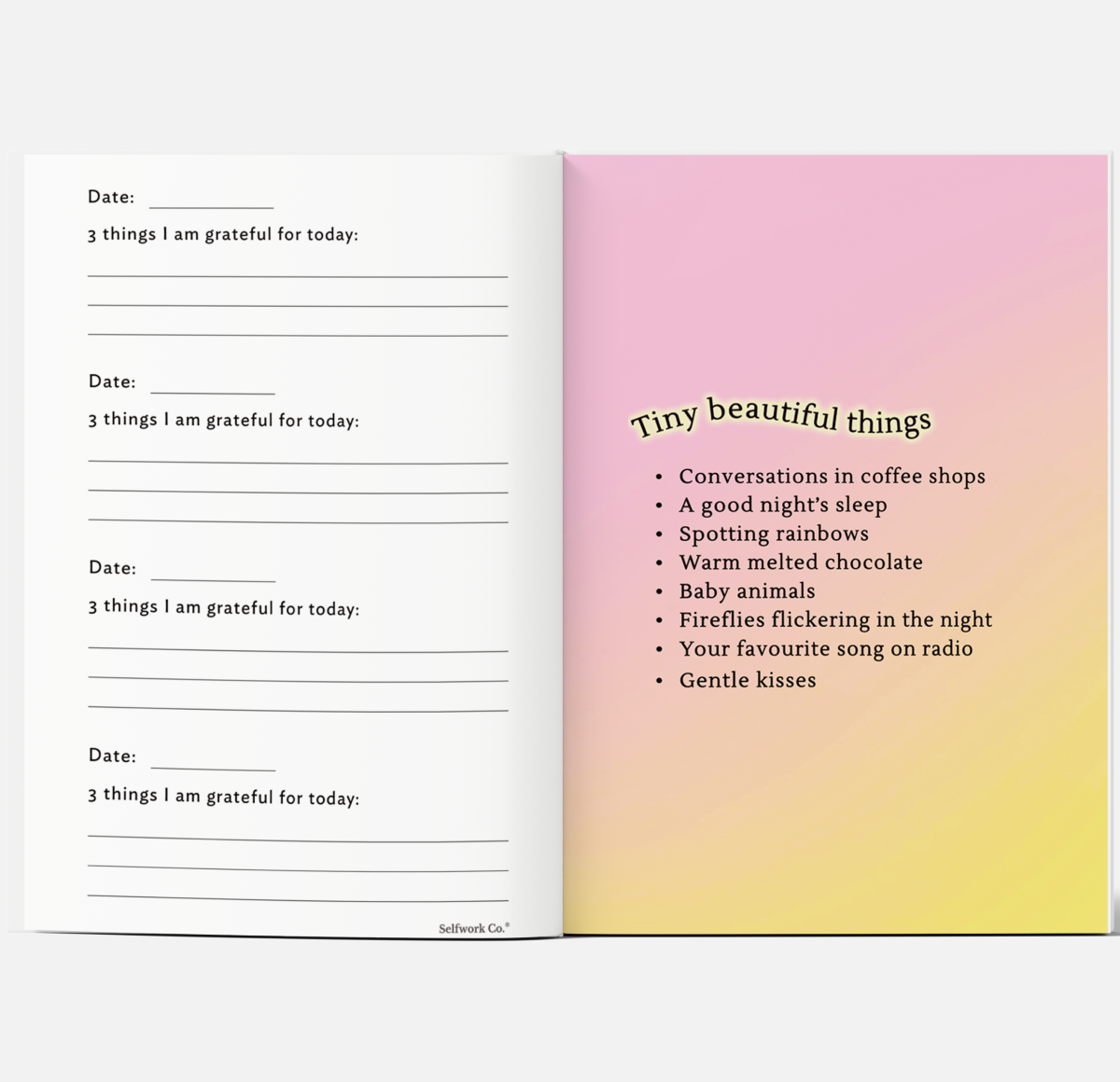 Gratitude prompts and tiny joys list inside the SelfWork Co. Gratitude Journal for mindful daily reflection