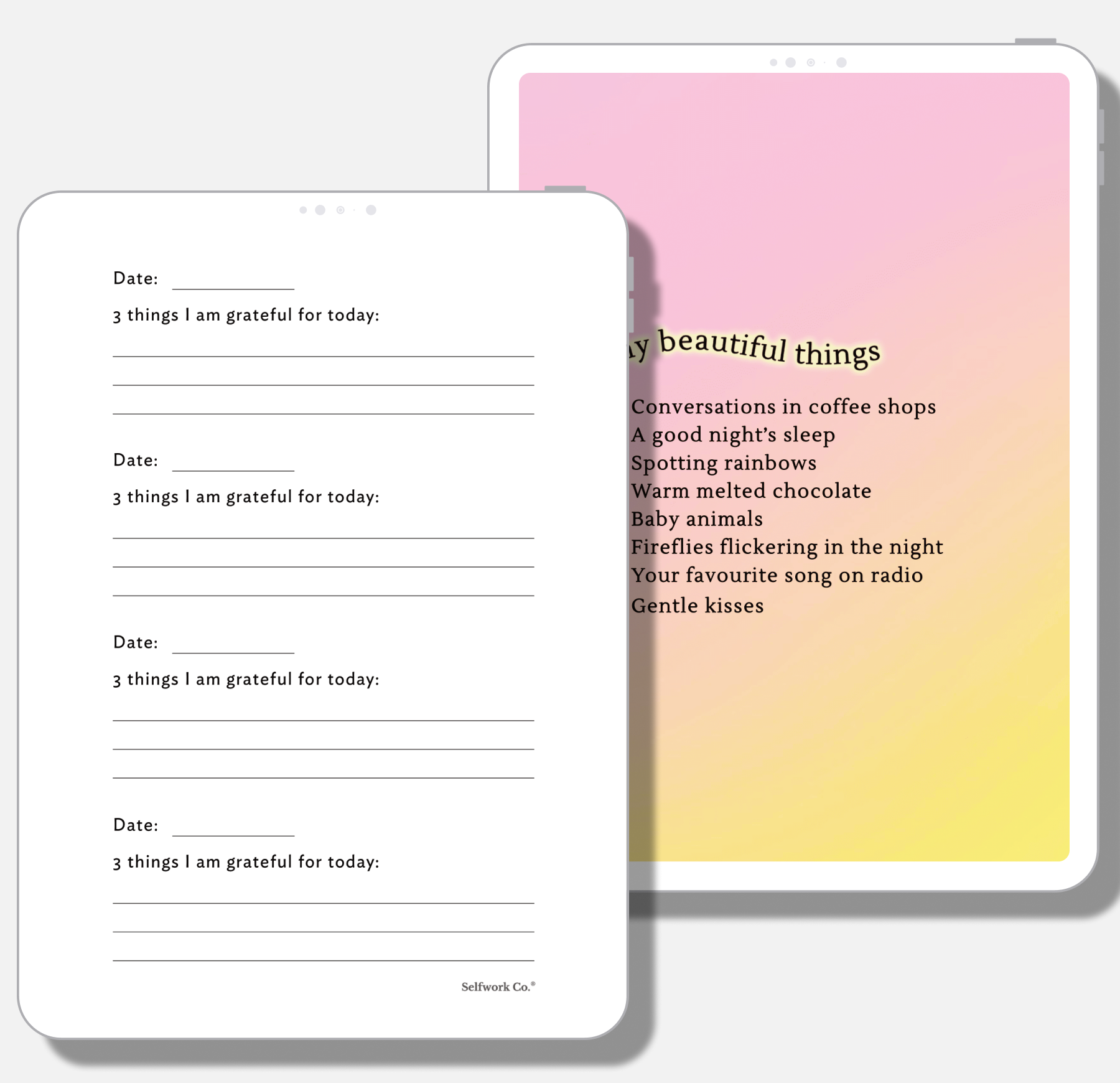 Gratitude prompts and list of joyful moments displayed on SelfWork Co. Gratitude Journal digital version on tablets