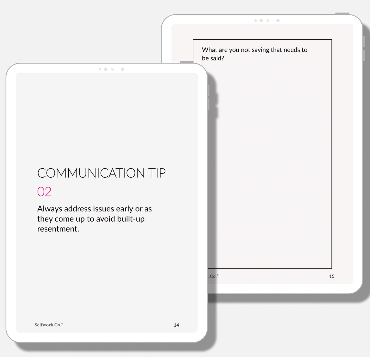 Digital pages featuring a tip on addressing issues early and a journaling prompt about unspoken thoughts.