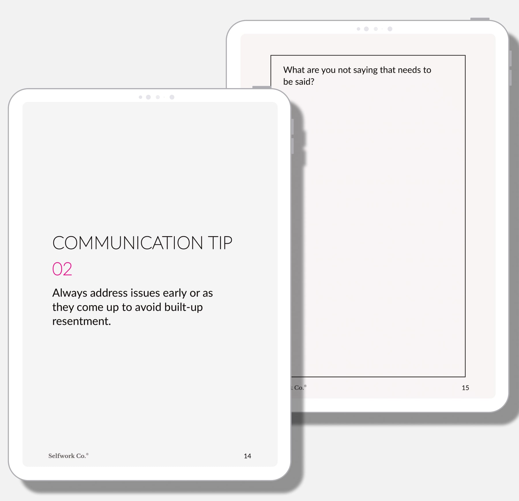 Digital pages featuring a tip on addressing issues early and a journaling prompt about unspoken thoughts.