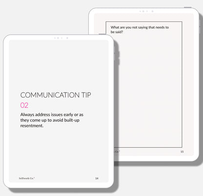 Digital pages featuring a tip on addressing issues early and a journaling prompt about unspoken thoughts.