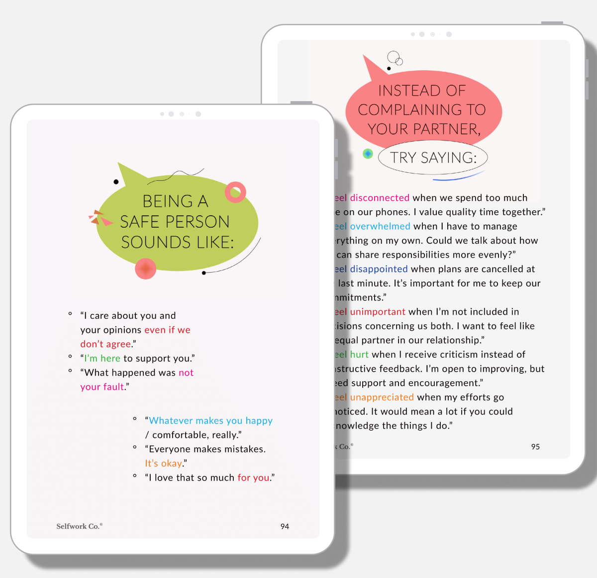 Two digital pages showing examples of emotionally safe phrases and alternatives to complaining in relationships.