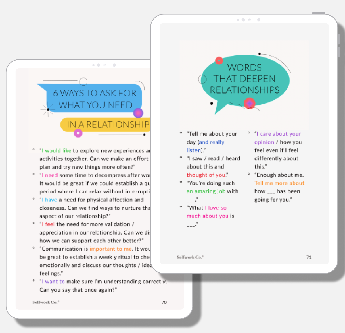 Scripts to express needs and deepen relationships from Hearticulate, displayed on a digital spread with colorful speech bubbles.

