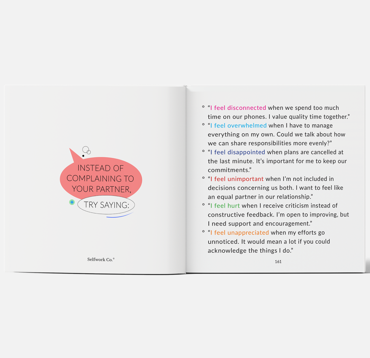 Open page from the Hearticulate hardcover showing scripts to replace complaints with constructive communication in relationships.

