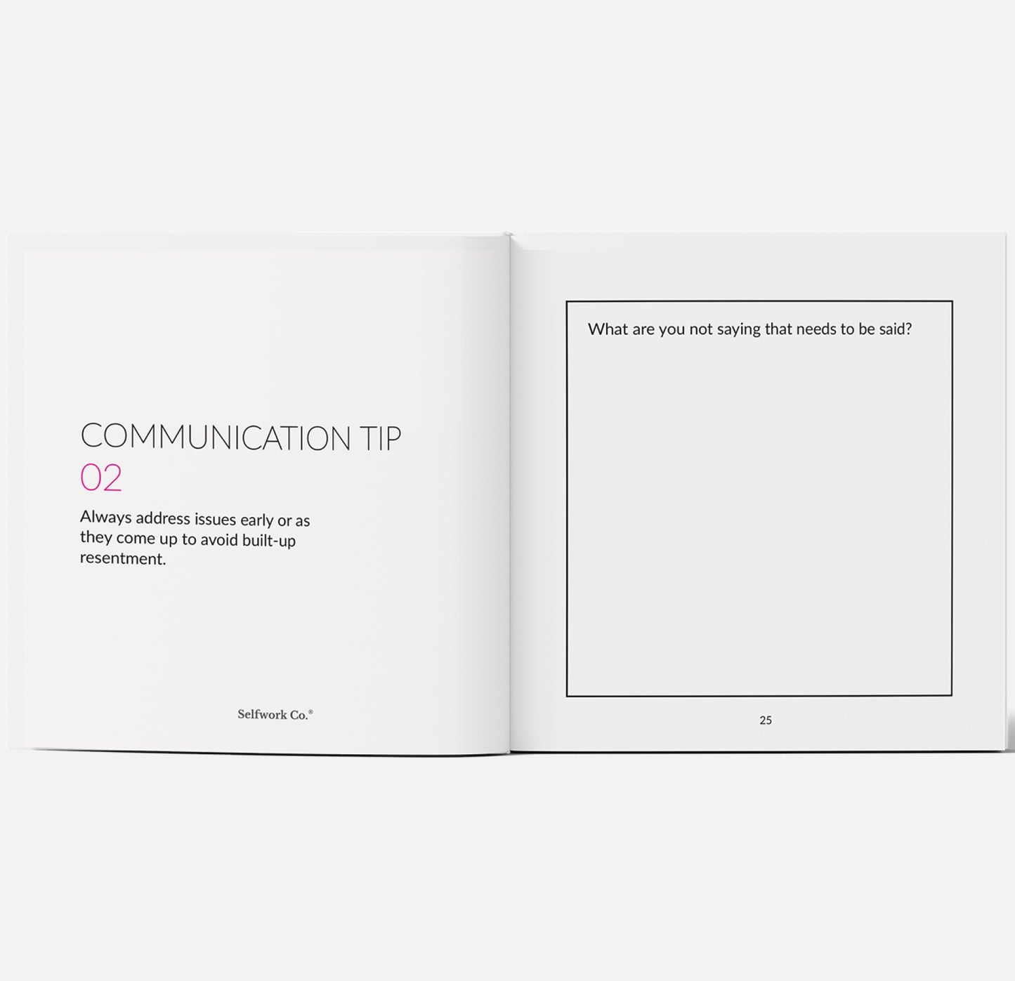 Hearticulate hardcover inner spread featuring a communication tip and reflective prompt about unspoken thoughts.

