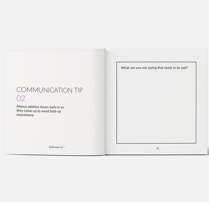 Hearticulate hardcover inner spread featuring a communication tip and reflective prompt about unspoken thoughts.

