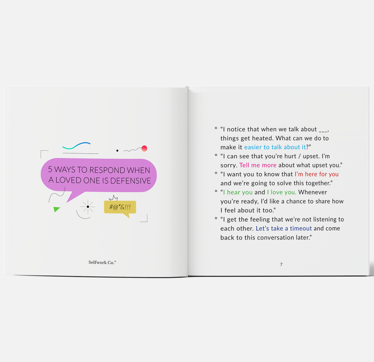 Illustration from Hearticulate hardcover showing 5 ways to respond when someone is defensive, with supportive dialogue examples.