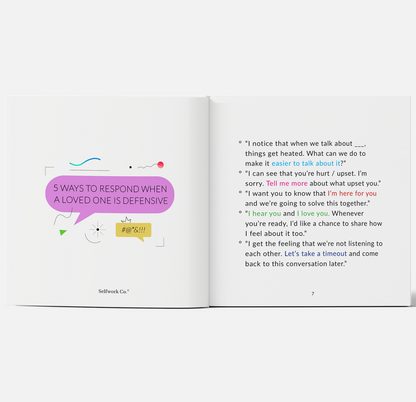Illustration from Hearticulate hardcover showing 5 ways to respond when someone is defensive, with supportive dialogue examples.