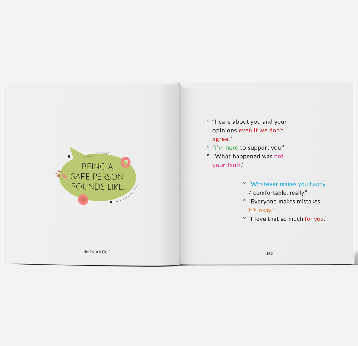 Inside page from Hearticulate hardcover showing phrases that foster emotional safety and validation in conversations.

