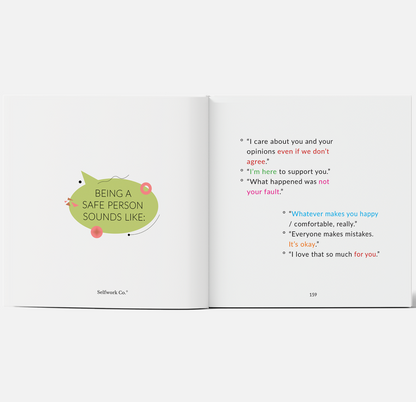 Inside page from Hearticulate hardcover showing phrases that foster emotional safety and validation in conversations.

