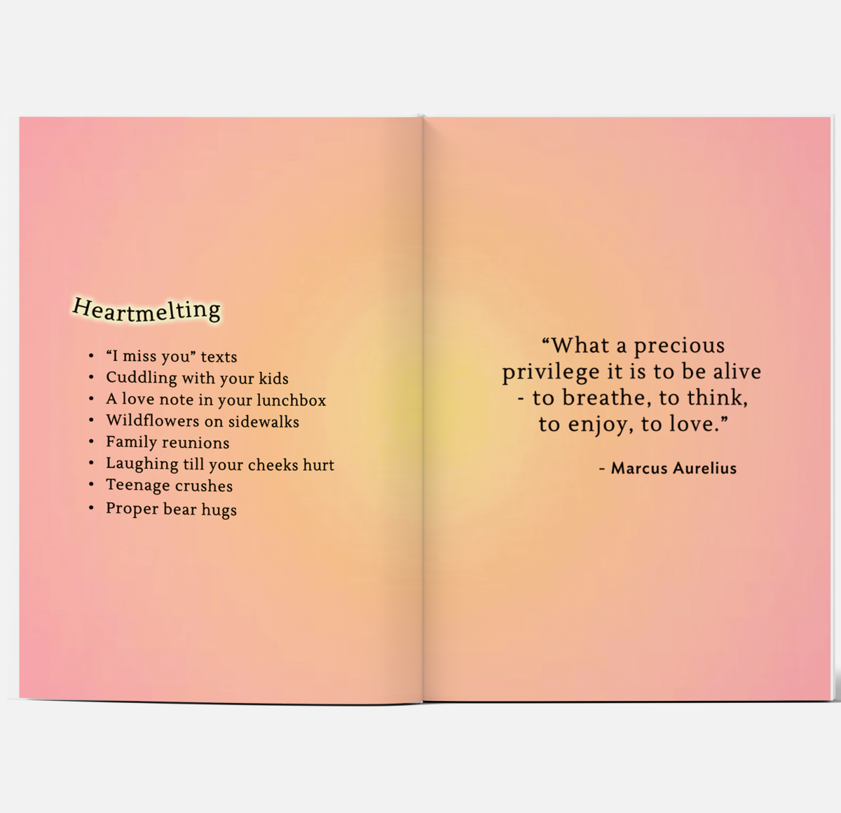 Heartmelting page from SelfWork Co. Gratitude Journal with feel-good list and Marcus Aurelius quote