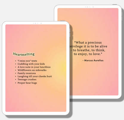 SelfWork Co. Gratitude Journal digital spread showing heartwarming prompts and Marcus Aurelius quote on pastel background