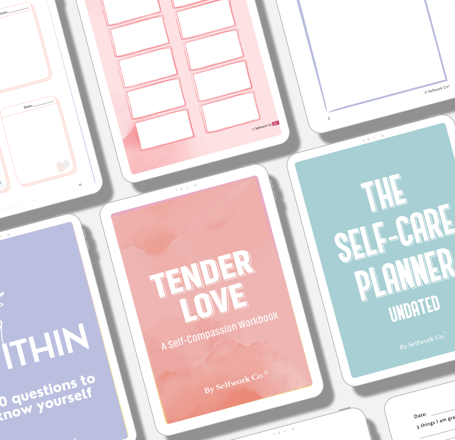 Preview of digital mental health tools by SelfWork Co., including page layouts from “Tender Love” self-compassion workbook, “Within” self-reflection journal, and “The Self-Care Planner” shown on tablets