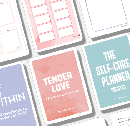 Preview of digital mental health tools by SelfWork Co., including page layouts from “Tender Love” self-compassion workbook, “Within” self-reflection journal, and “The Self-Care Planner” shown on tablets