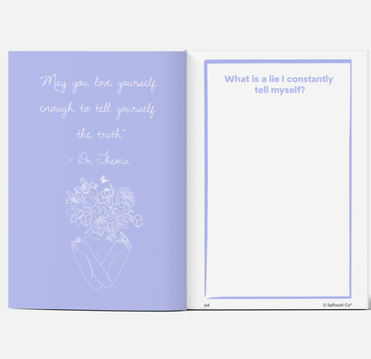 SelfWork Co. Within Journal spread featuring Dr. Thema quote on self-honesty and prompt asking about personal lies