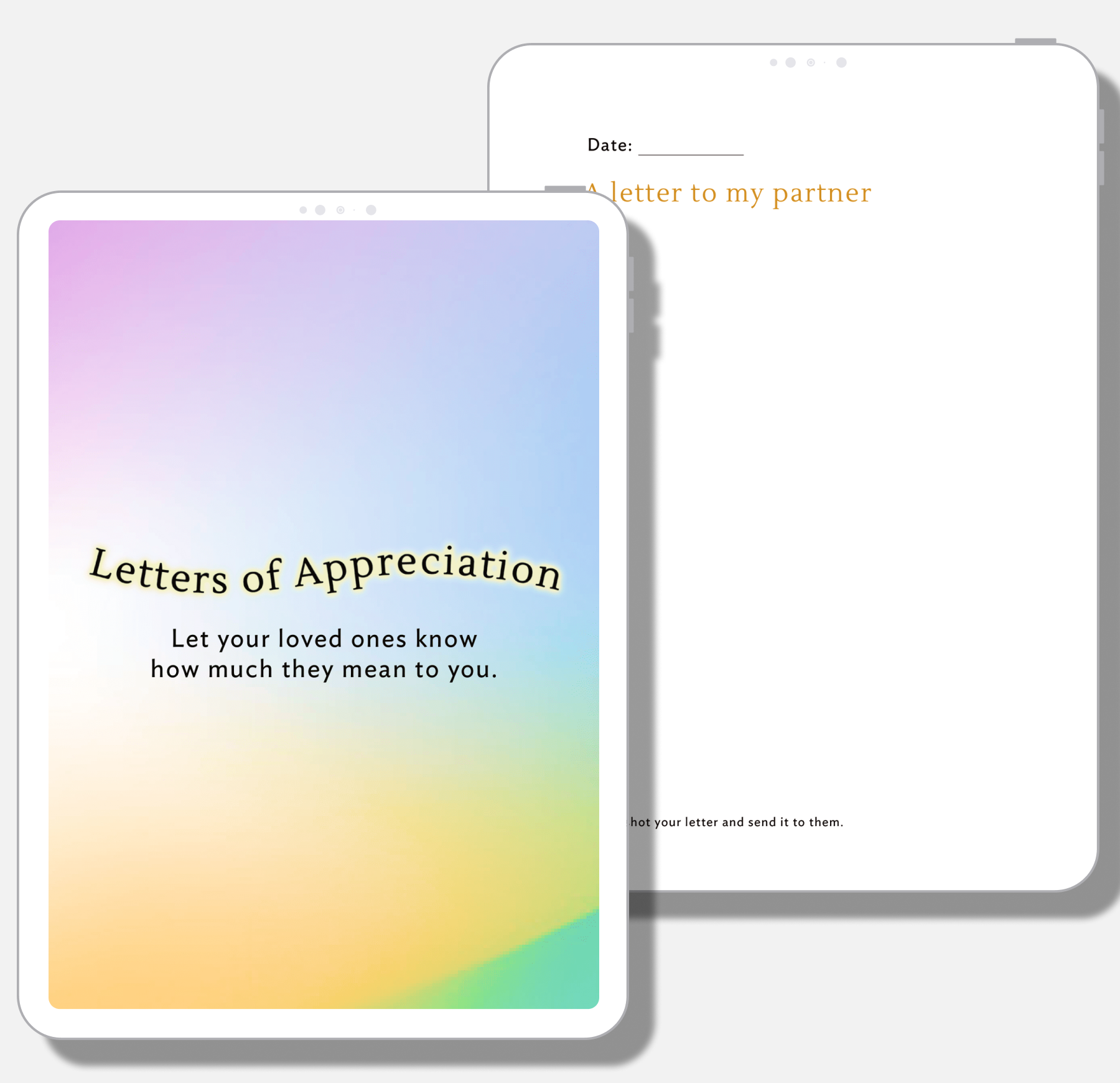Letters of appreciation section in the SelfWork Co. digital Gratitude Journal with pastel background and writing space