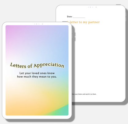 Letters of appreciation section in the SelfWork Co. digital Gratitude Journal with pastel background and writing space