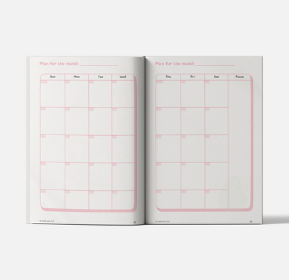 Two-page monthly calendar layout from Self-Care Planner with boxes for each day and weekly focus column