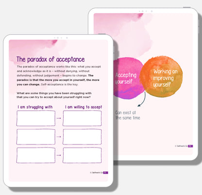 Tender Love workbook digital pages explaining self-acceptance and personal growth through Venn diagram exercise