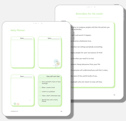 Daily planner and reminders for the month from the digital self-care planner showing writing prompts and self-care tip checklist.

