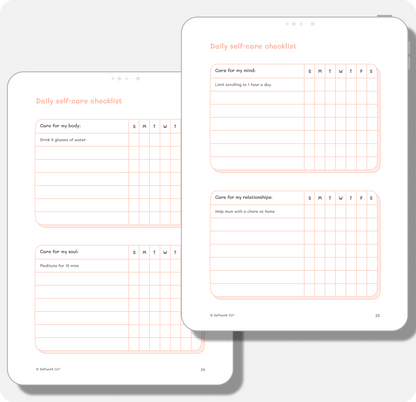 Self-care checklist pages from the digital planner to track habits and care across body, mind, soul, and relationships.