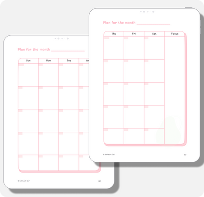 Two-page undated monthly calendar layout from the self-care digital planner, in soft pink tones for flexible planning.