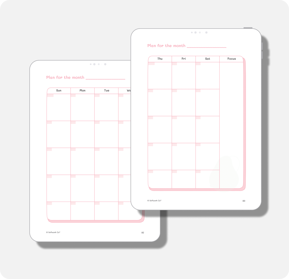 Digital monthly calendar layout from the Self-Care Planner to schedule your days, habits, and focus areas.