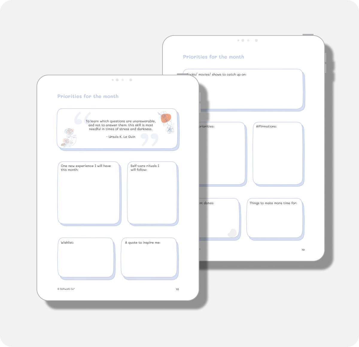 Monthly priorities page from Self-Care Planner digital edition with prompts, quotes, and goal-setting boxes.

