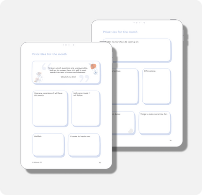 Monthly priorities page from Self-Care Planner digital edition with prompts, quotes, and goal-setting boxes.

