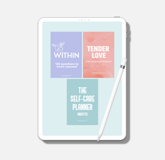 Digital self-compassion bundle by SelfWork Co. featuring “Within” self-discovery journal, “Tender Love” compassion workbook, and “The Self-Care Planner” on a tablet with stylus for guided mental wellbeing